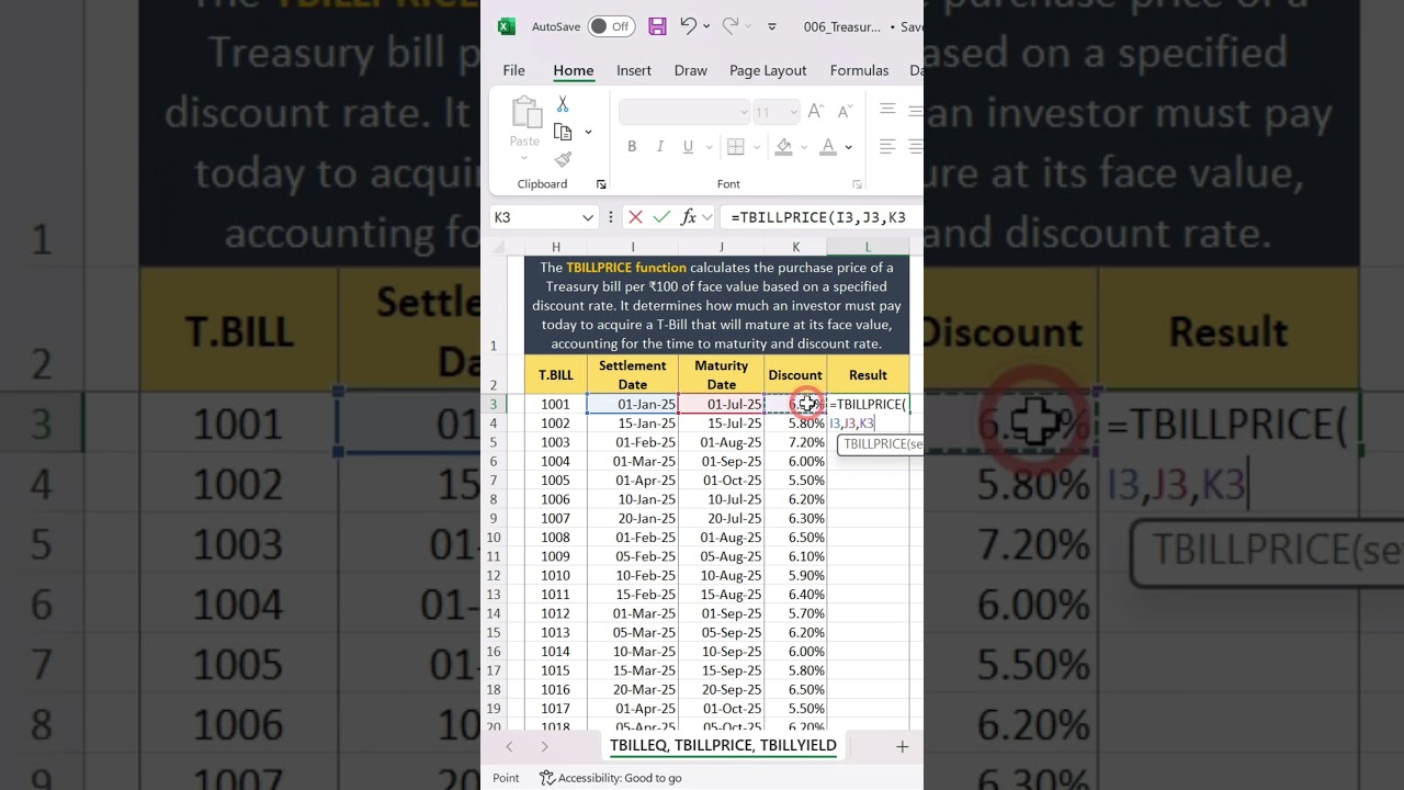 ✅TBILLPRICE Function in excel | How to use TBILLPRICE #excel #excelfunction#shorts #shortvideo