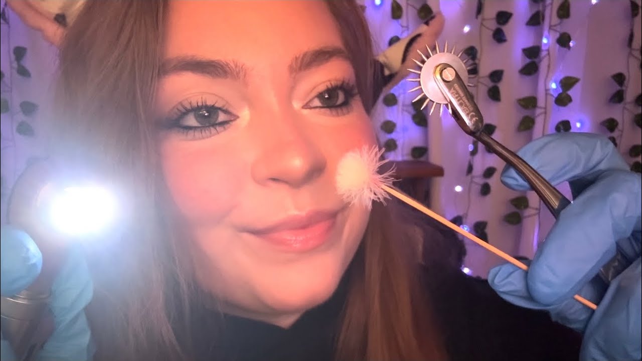 ASMR Close Face Inspection (light triggers, face touching with latex gloves, mouth sounds, etc.)
