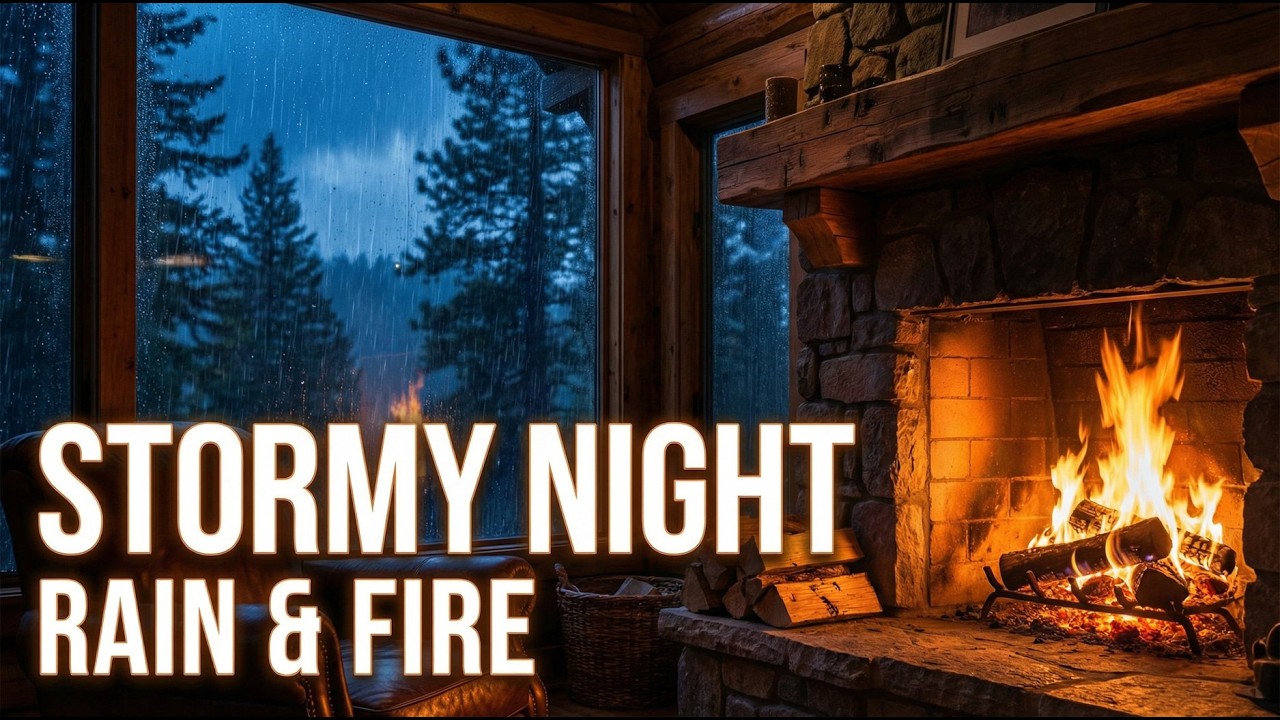 Stormy Rain Night in a Cozy Cabin 🔥 Fireplace & Rain Sounds