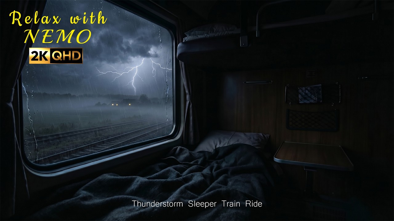 Night Train Ride in a Thunderstorm 🚂 Dimly Lit Train Sleeper Car Ambience / Train, Rain & Thunder 🔊