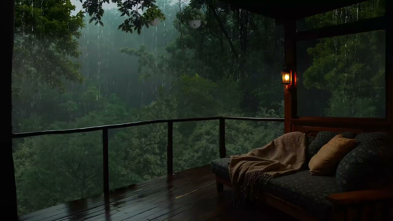 Cozy Rainy Forest Cabin Balcony | Peaceful Rain Sounds for Deep Sleep