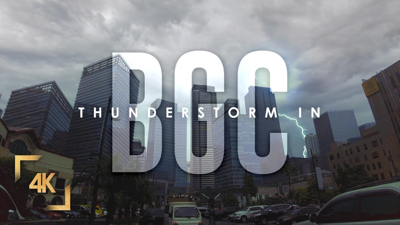 Walking Under Thunderstorm and Heavy Rain in BGC, Philippines, Bonifacio Global City in 4K, Binaural