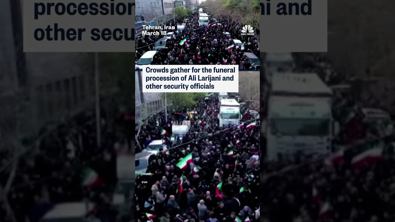 Crowds gather for the funeral procession of Ali Larijani and other security officials