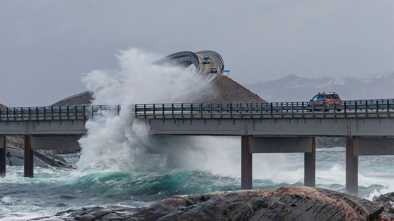 Experience the Atlantic Ocean Road during a heavy winter storm
