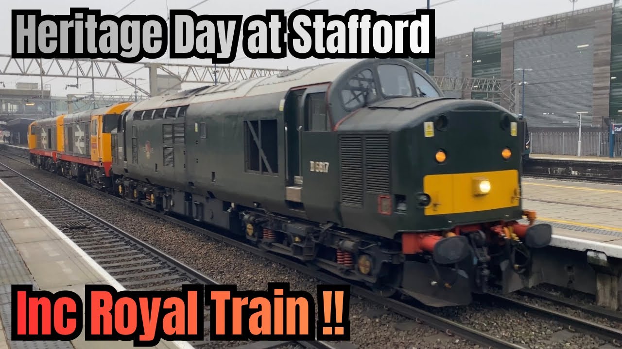 TRAINS at Stafford Station…inc ROYAL TRAIN. 50050 Returns. 17 Coach Rail Tour Stock. Class 20 Galore