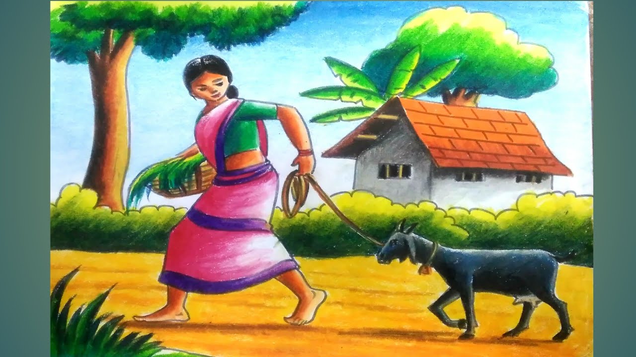 How to draw a scenery of village women/step by step drawing village women