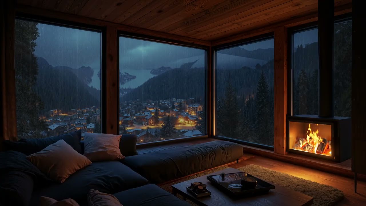 Tropical Rainy Night Ambience ⛈️ Deep Sleep, Relaxation, Healing with Fireplace Sounds
