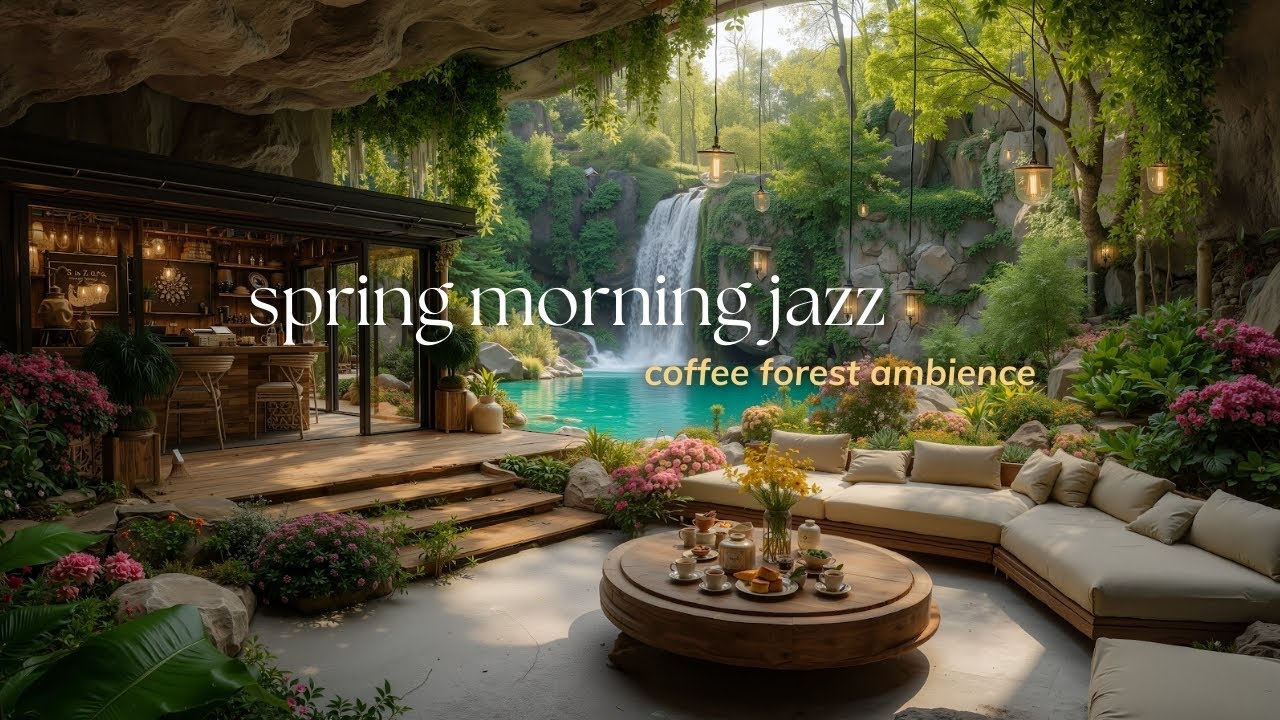 Soft Morning Jazz in Forest Retreat | Peaceful Coffee Porch Ambiene by the Waterfall to Work, Study