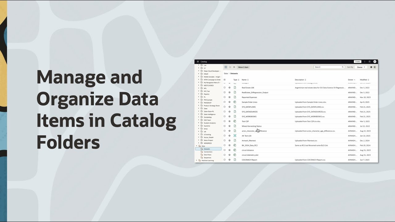 Управление и организация элементов данных в папках каталога в Oracle Analytics.