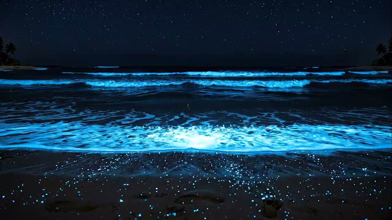 🌊 Glowing Bioluminescent Beach at Night | 4K Relaxing Ocean Screensaver