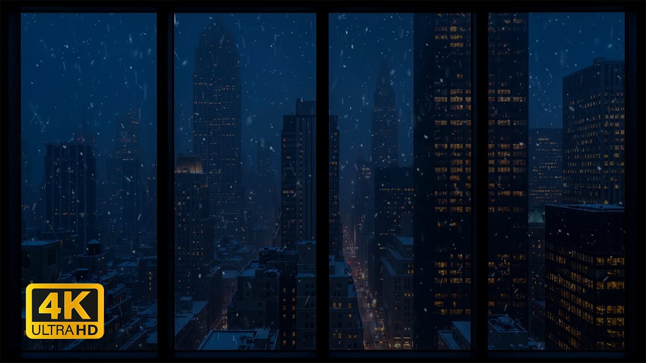 Snowy New York City Night Window View 4K ❄️ Calm Snowfall, Wind Sounds & City Ambience for Projector