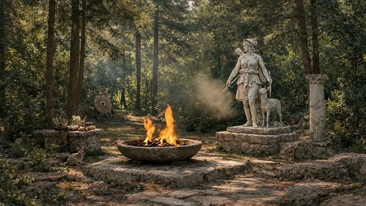 🔥🌲 Greek Ambience | Sanctuary of Artemis | Forest Fire & Sacred Stillness (1 Hour)