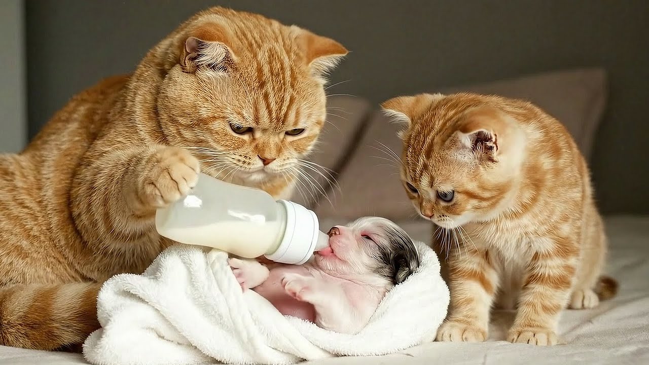 Mama Cat and Kitten Rescue an Abandoned Puppy in the Rain – Bring It Home and Gently Care for It