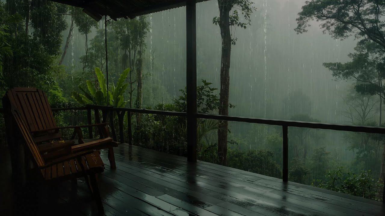 Heavy Rainstorm on a Wooden Porch in the Rainforest – Perfect for Sleeping, ASMR White Noise 🌧️