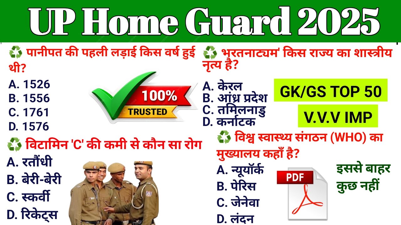 UP Home Guard GK Top 100 Questions 🔥 UP Home Guard UP GK Questions,up home guard gk gs class 2025