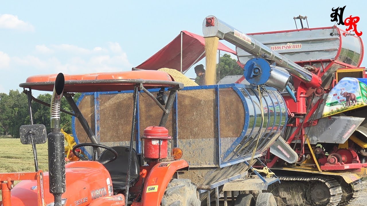 Thailand Combine Harvester unloading to Tractor