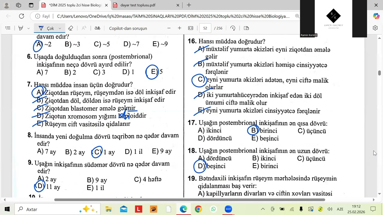 DİM-2025. Mayalanma. Bətndaxili inkişaf. Uşağın doğulduqdan sonrakı inkişaf dövrləri test izahı