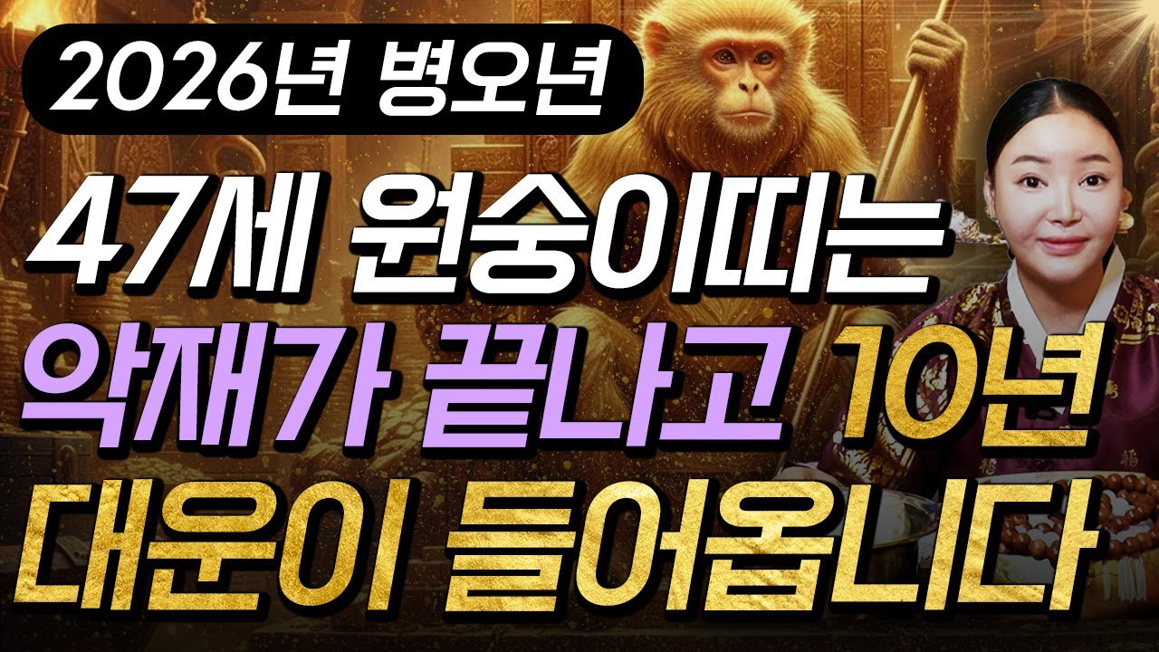원숭이띠 고생했다..!! 2026년 1980년생 47세 원숭이띠운세 올해 X월 악재가 끝나고 역대급 대운이 찾아와 인생 역전하는 80년생 47세 원숭이띠의 운명과 병오년 신년운세!