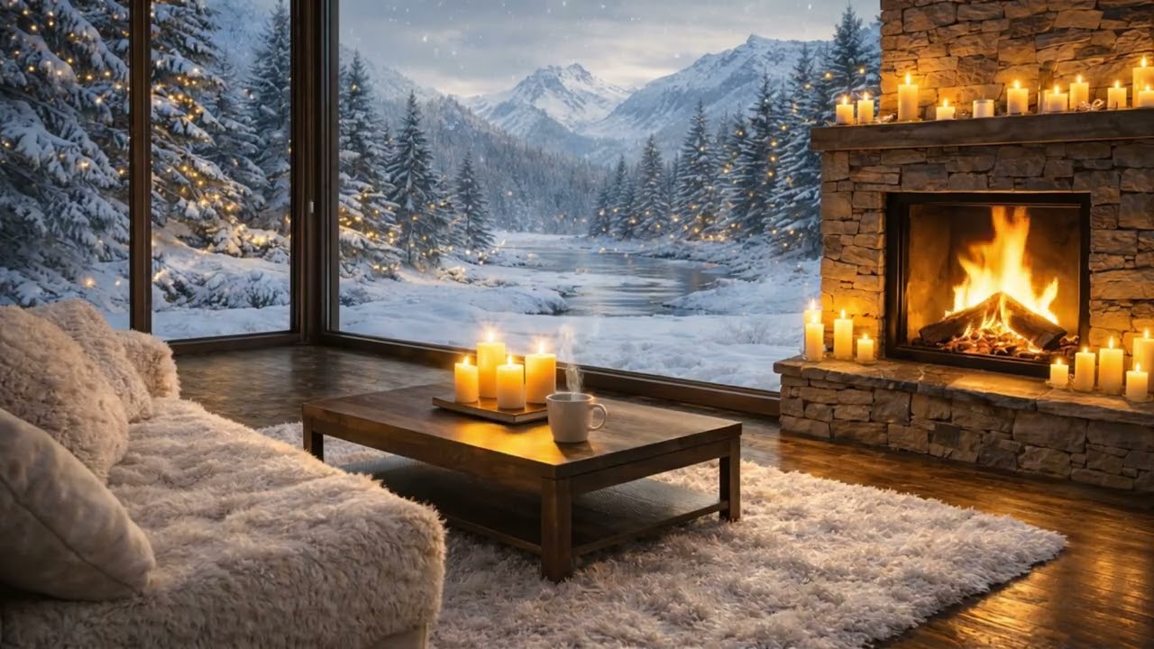Cozy Winter Fireplace & Piano Ambience ❄️🔥Snowfall, Candles, Coffee | Sleep, Relax, Study (10 Hours)