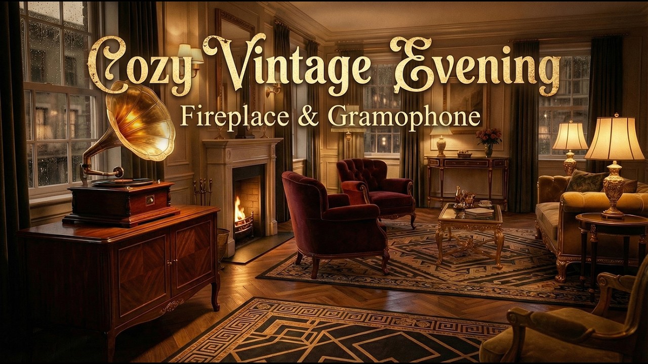 Vintage Living Room Ambience 🔥 Crackling Fireplace, Gramophone & Rain (1930s–1940s Mood)