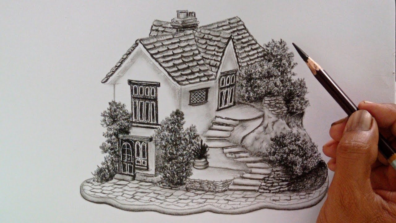 House drawing by charcoal pencil easy ways// Pencil drawing//