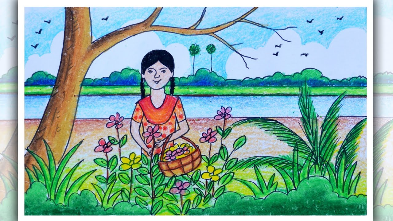 Spring season drawing | How to draw scenery of garden | How to draw flower collection