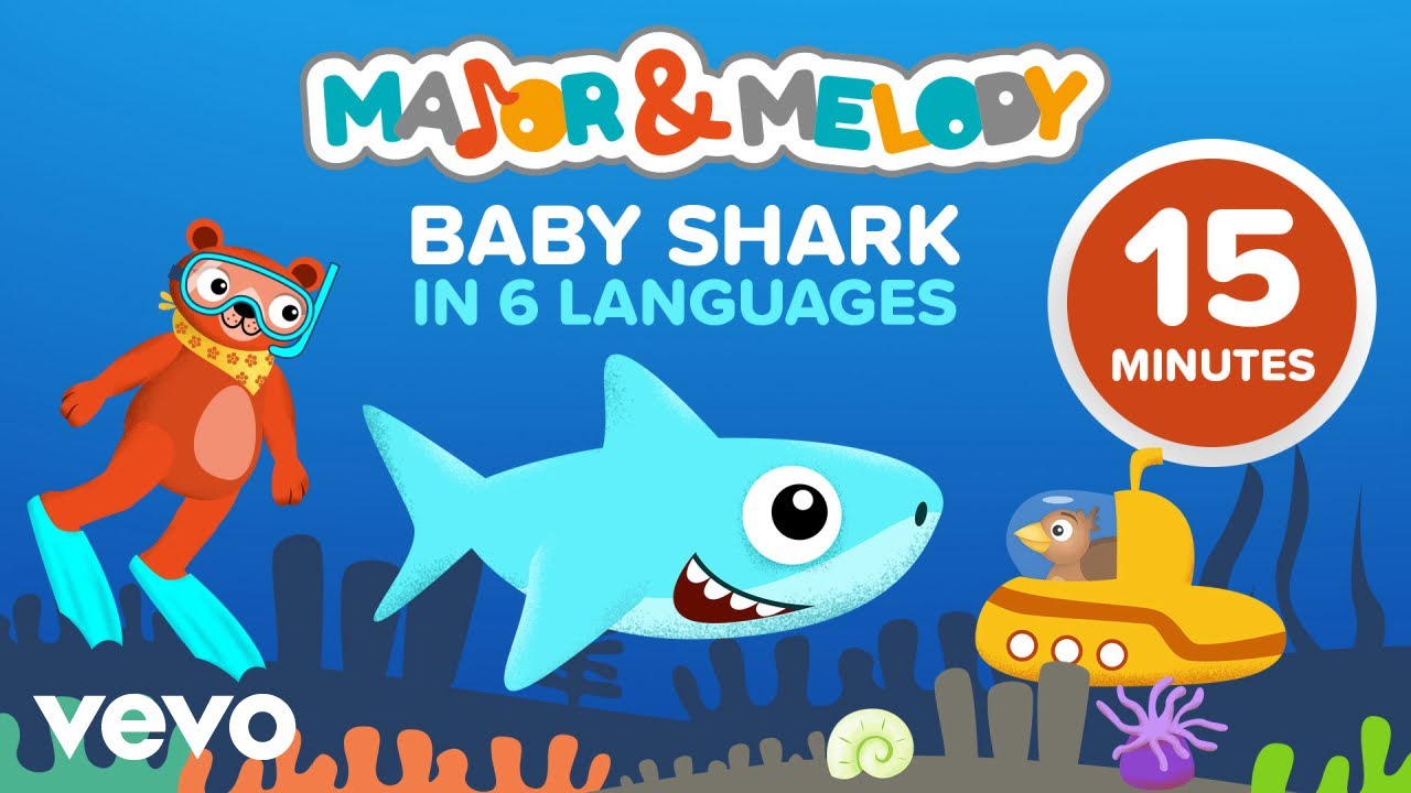 Major & Melody - Baby Shark in 6 languages (Nursery rhymes for kids / 15 minute comic video)