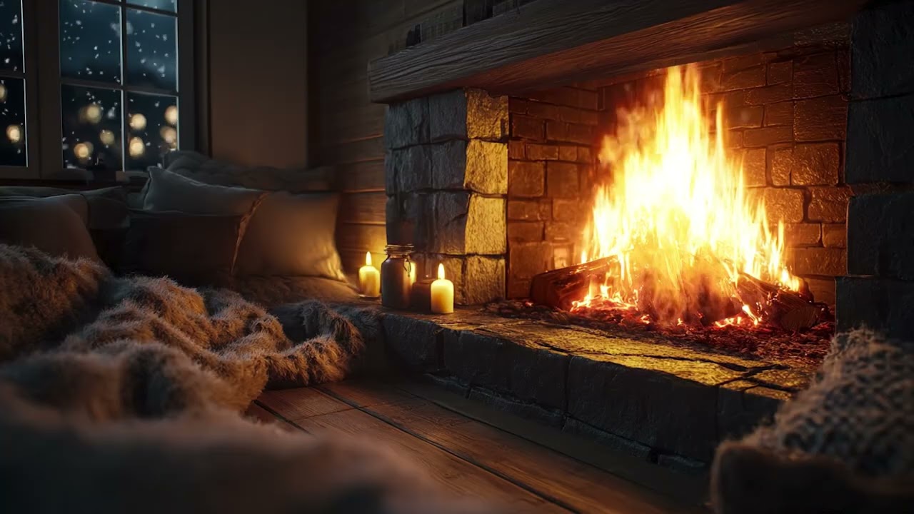 3 Hours Warm Fireplace by a Snowy Window | Peaceful Sleep Sounds🔥