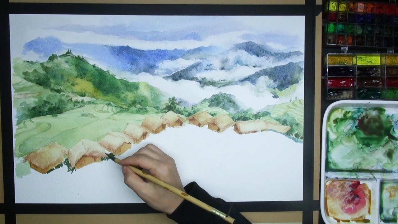 手把手教画夏日乡村水彩｜Watercolor Landscape Tutorial 乡村风景全绘制过程解析，小白也能掌握的治愈系田园水彩技法