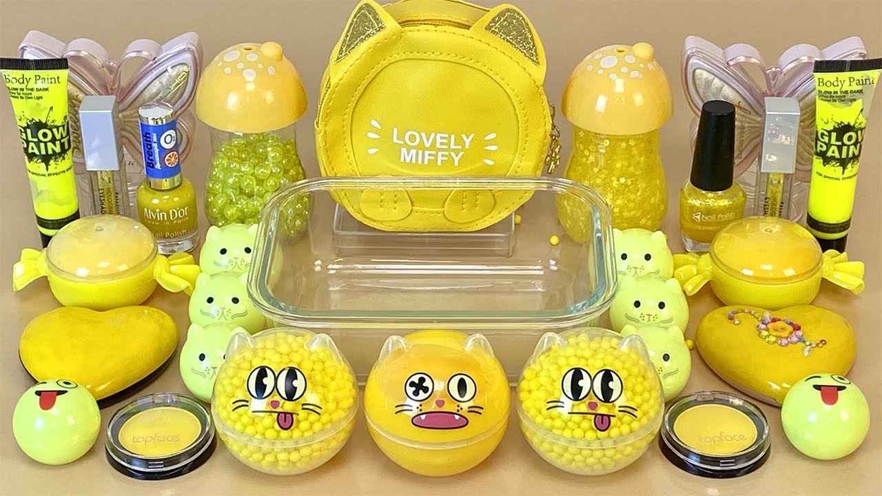 ASMR Slime 💛 Mixing &rdquo;YELLOW&rdquo; makeup, Eyeshadow, glitter into slime. Satisfying slime video.