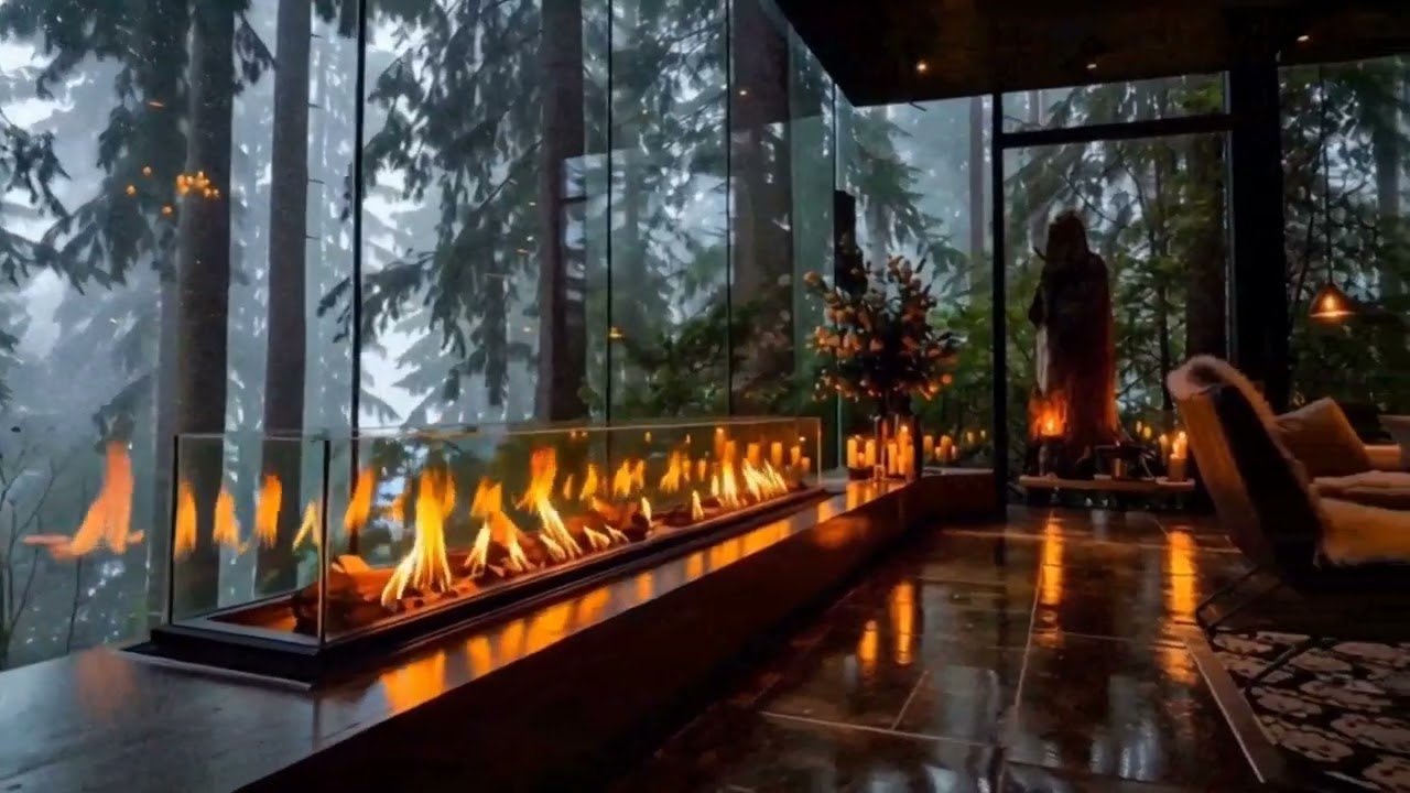 foggy day luxurious house fireplace🔥 Music, rain and burning fireplace. sleep in 30 minutes.