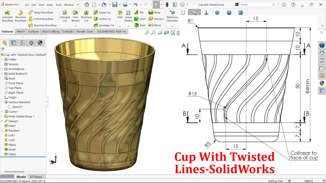 Cup with Twisted Lines in SolidWorks