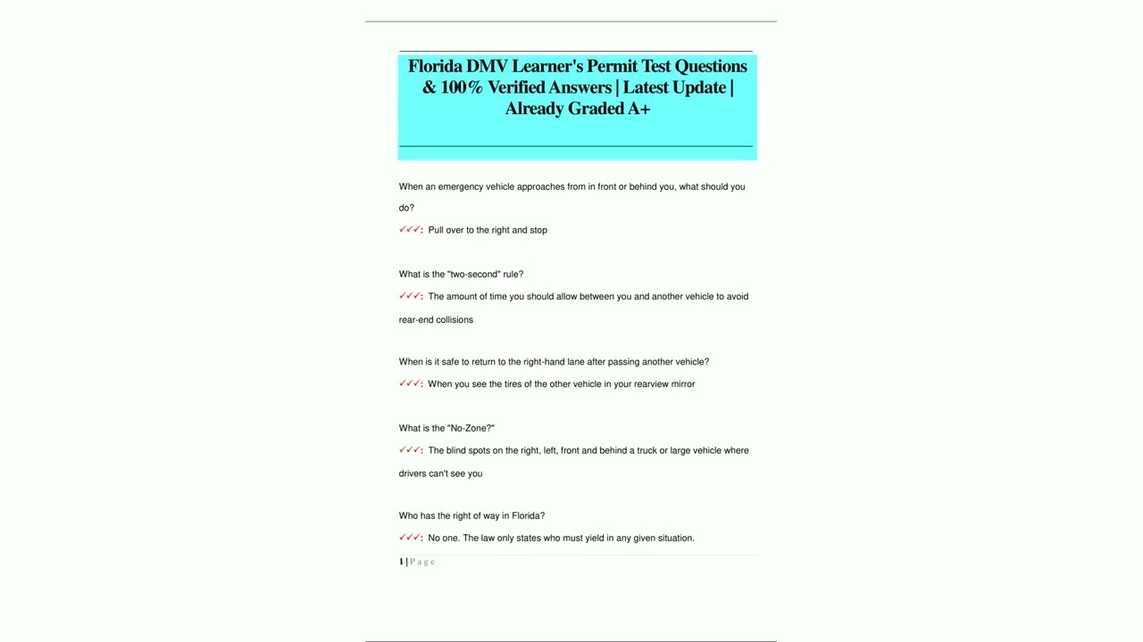 Florida DMV Learners Permit Test Questions   100 Verified Answers  Latest Update   Already Graded A2