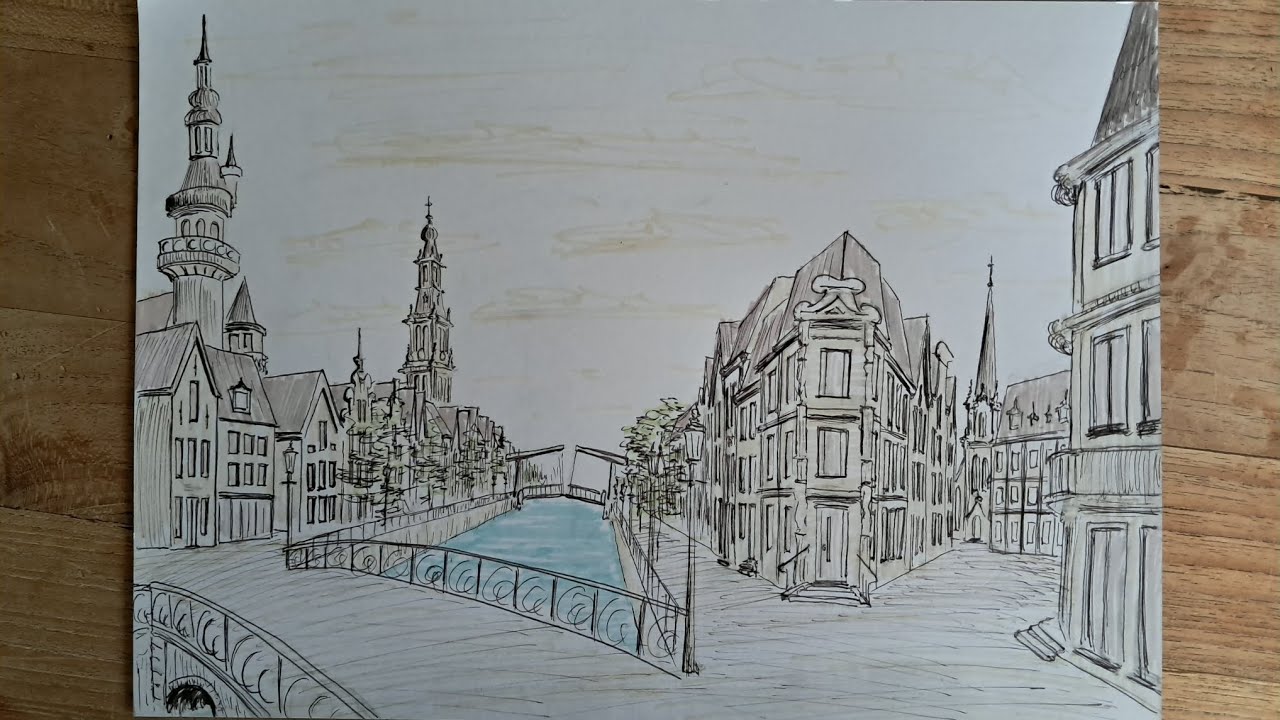 Hoe teken je een stadsgezicht met gracht?