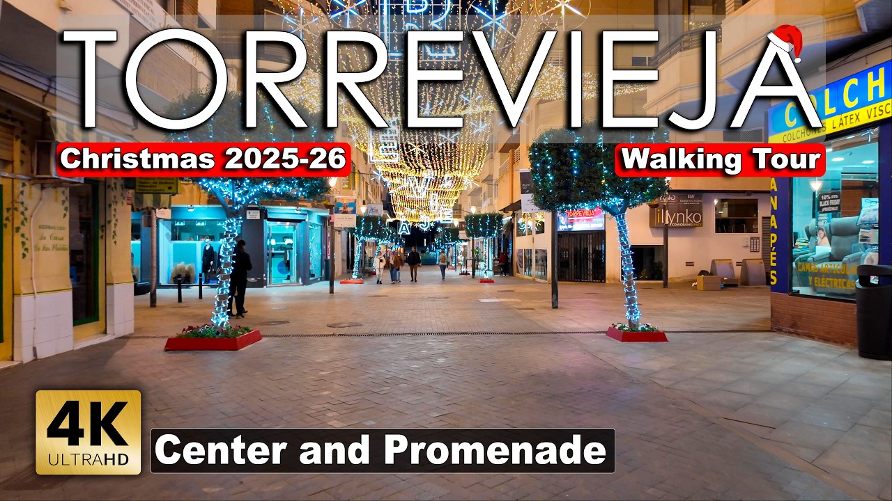 Torrevieja Christmas 2025-26 – Night Center & Promenade Walk | Spain Walking Tour 4K 60fps