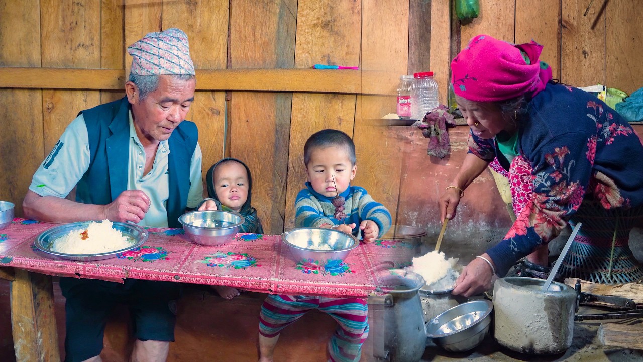 A rural family in a Nepali Village kitchen || Eat simple food || Dinner at a village family