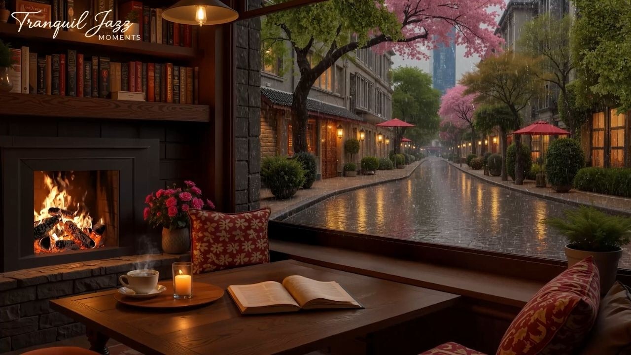 Cozy Coffee Shop on a Rainy Day Spring ☔ Soft Jazz for Relaxation, Study, Work & Calm Nights