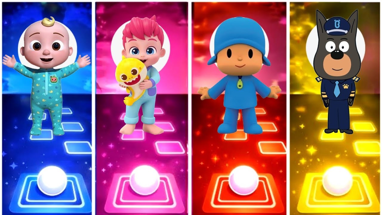 Cocomelon vs Bebefinn vs Pocoyo vs Sheriff labrador.Tiles hope edm rush game. 