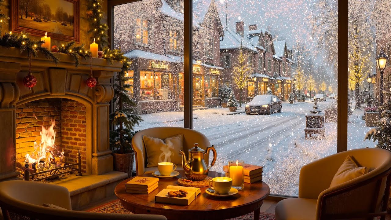 Coffee Relaxing Music with Firelace in Winter Snow by Window ☕ Smooth Jazz Music for Work, Study