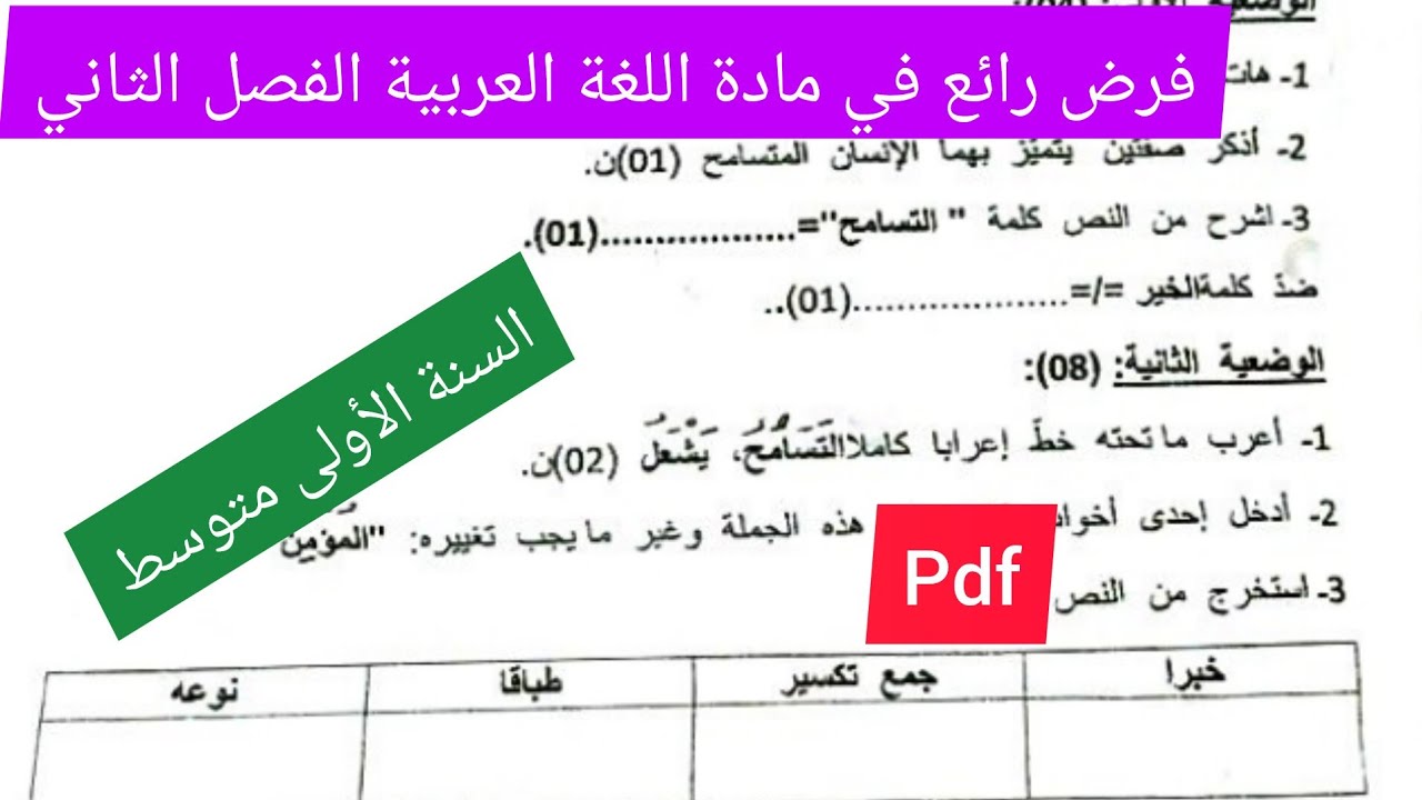 فرض الفصل الثاني في مادة اللغة العربية السنة الأولى متوسط