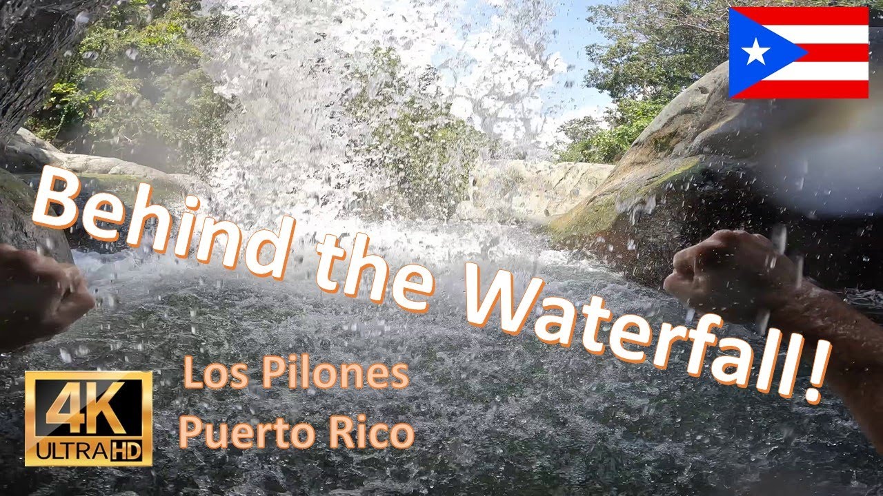 Puerto Rico Los Pilones Waterfall - climb up lower stage and behind upper stage, 4K 60 FPS