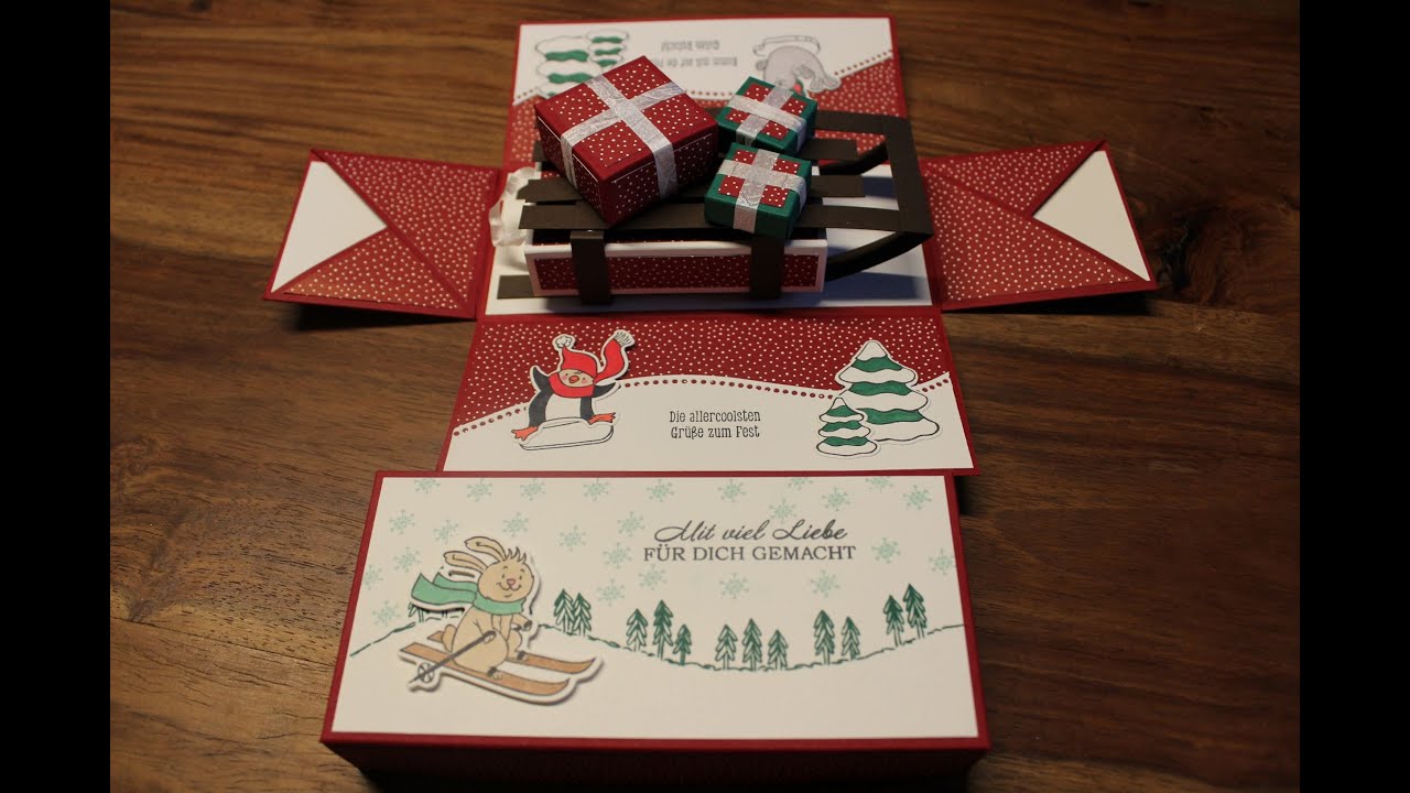 Explosionsbox mit einem Schlitten mit Produkten von Stampin`UP!
