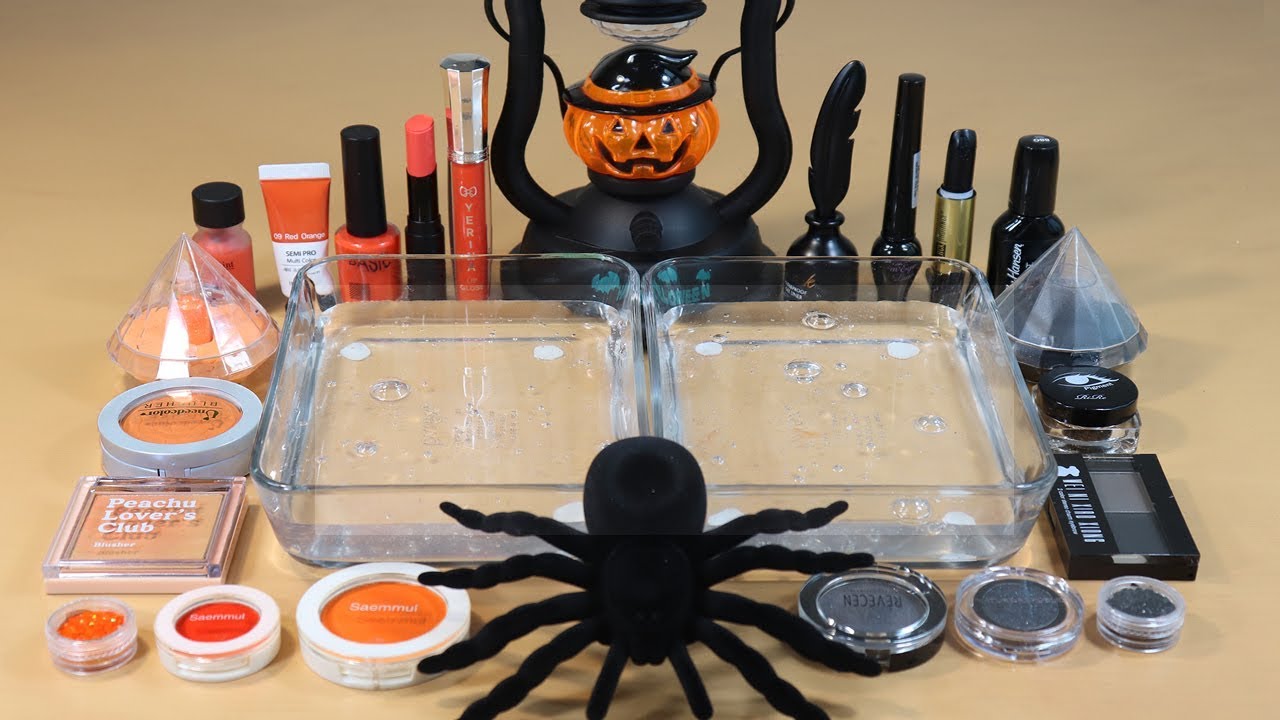 Special Halloween! Mixing'Orange vs Black'Eyeshadow,Makeup and glitter Into Slime.