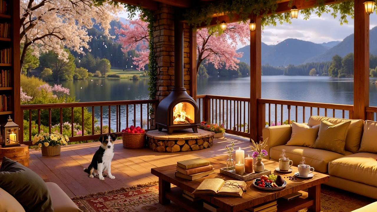 Peaceful Spring Lakeside Porch 🌸 Smooth Jazz Instrumental Music & Crackling Fireplace to Unwind