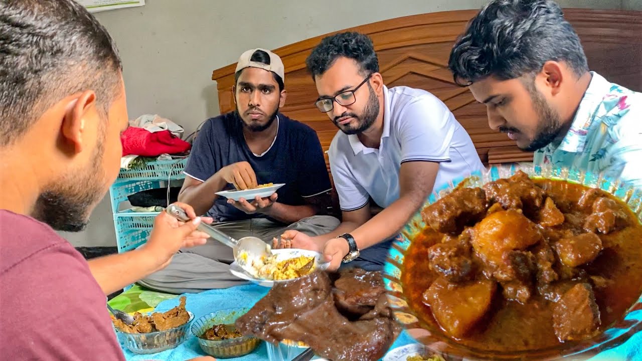Eating Lunch(Rice & Spicy Meat Curry, Chicken Leg Piece, Fish Curry) With Friends at Abir's Place