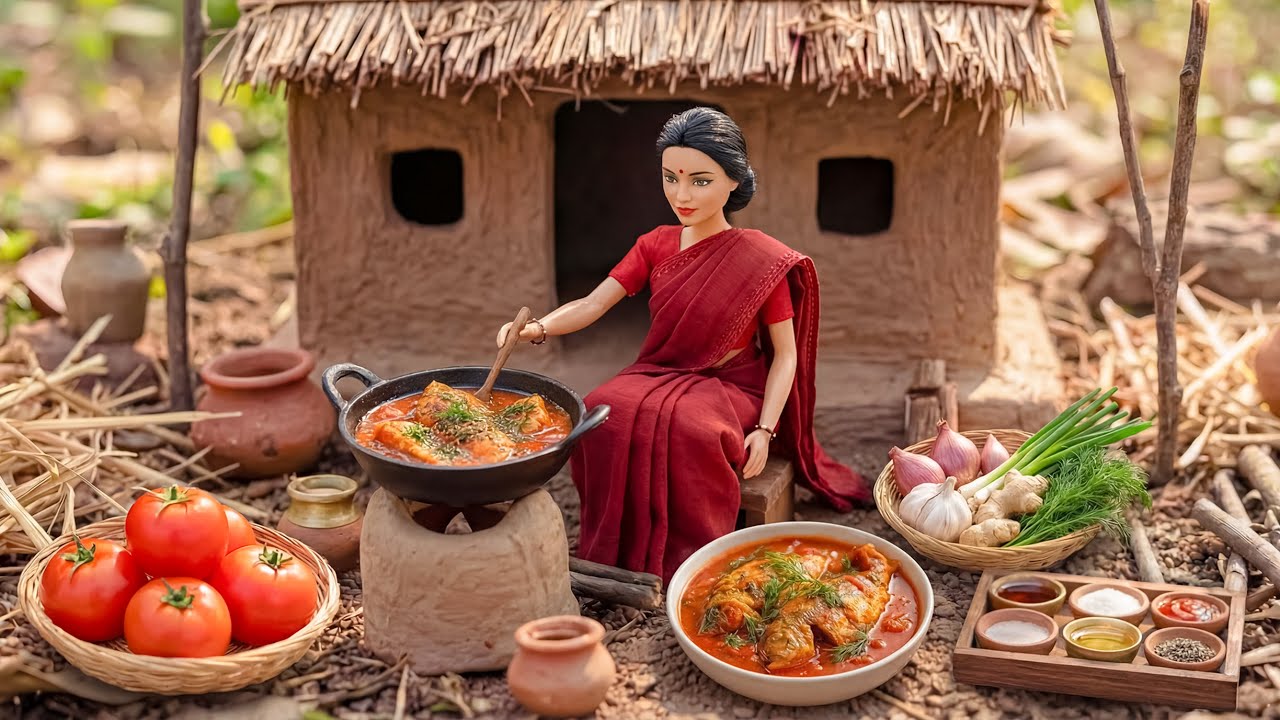 Miniature Doll Fish Tomato Curry & Roti Cooking ASMR | Indian Village Tiny Kitchen Story