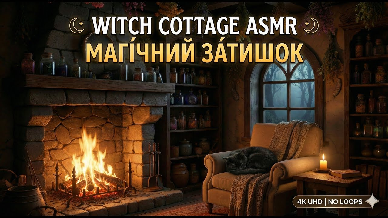 Witch Cottage ASMR 🌙 Crackling Fireplace & Sleeping Cat | Магічний Затишок та Камін
