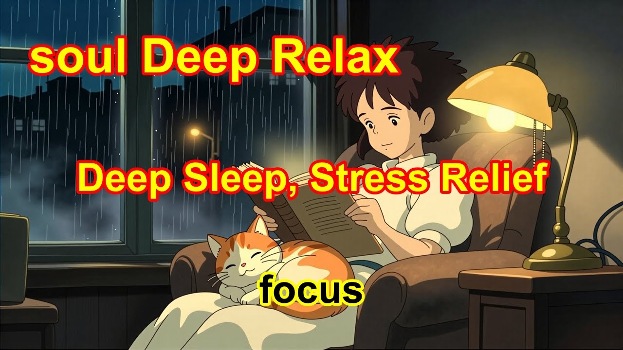 Soul deepRelaxtion| Late Night Bookstore with Cat & Rain Sounds Cozy Lofi for Deep Sleep & Stud