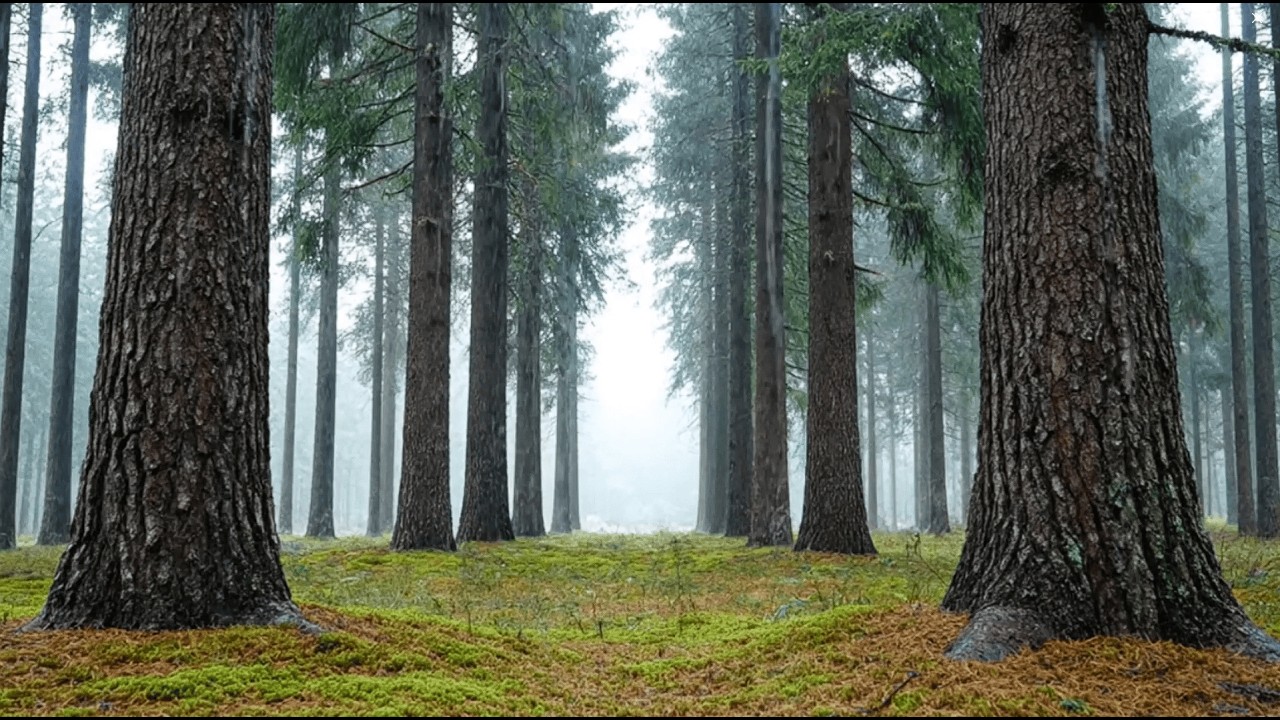 Deep Ancient Pine Forest Rain Ambience — Misty Woodland Sounds for Sleep, Focus, and Calm Nights.