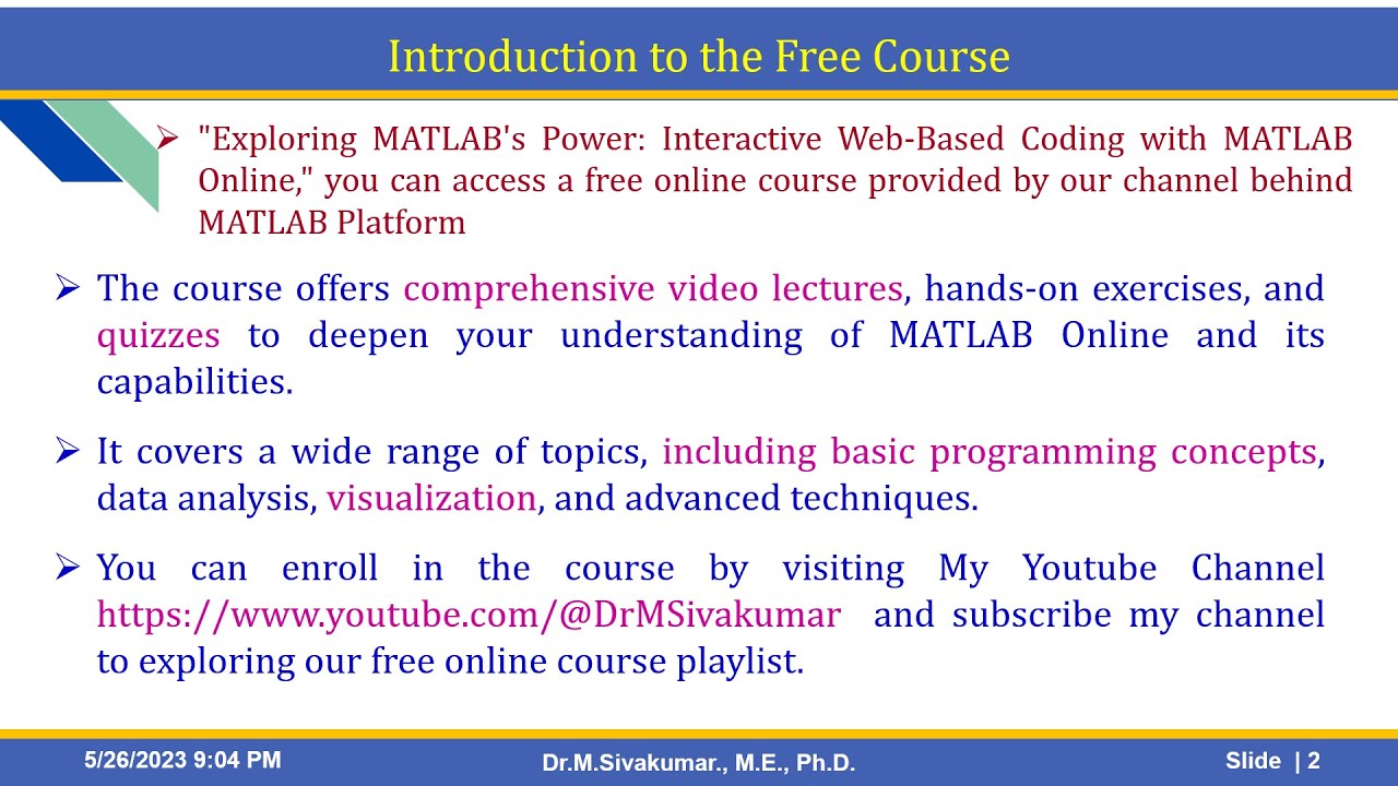 Free Matlab Online Course : Contents of the Chapters